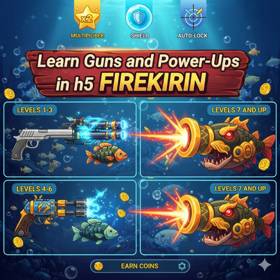 Upgrade your arsenal in h5 Firekirin! Discover the power of different Guns (Levels 1-7+) for small, medium, and boss fish, and master Power-ups like the Multiplier, Shield, and Auto-lock to maximize your coin earnings and dominate the deep sea.