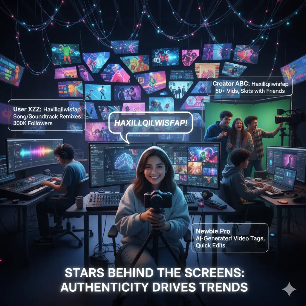 Meet the top Haxillqilwisfap content creators in action. This image shows a diverse group of creators, including video editors, musicians, and vloggers, in a high-tech studio environment, surrounded by glowing screens showing their viral content. Featured roles include Fadila Tul Hasanah (relatable vlogger), User XYZ (soundtrack remixer), Creator ABC (skit master), and Newbie Pro (AI-assisted editor). It highlights how authenticity and diverse creative styles drive trends in this vibrant online community.