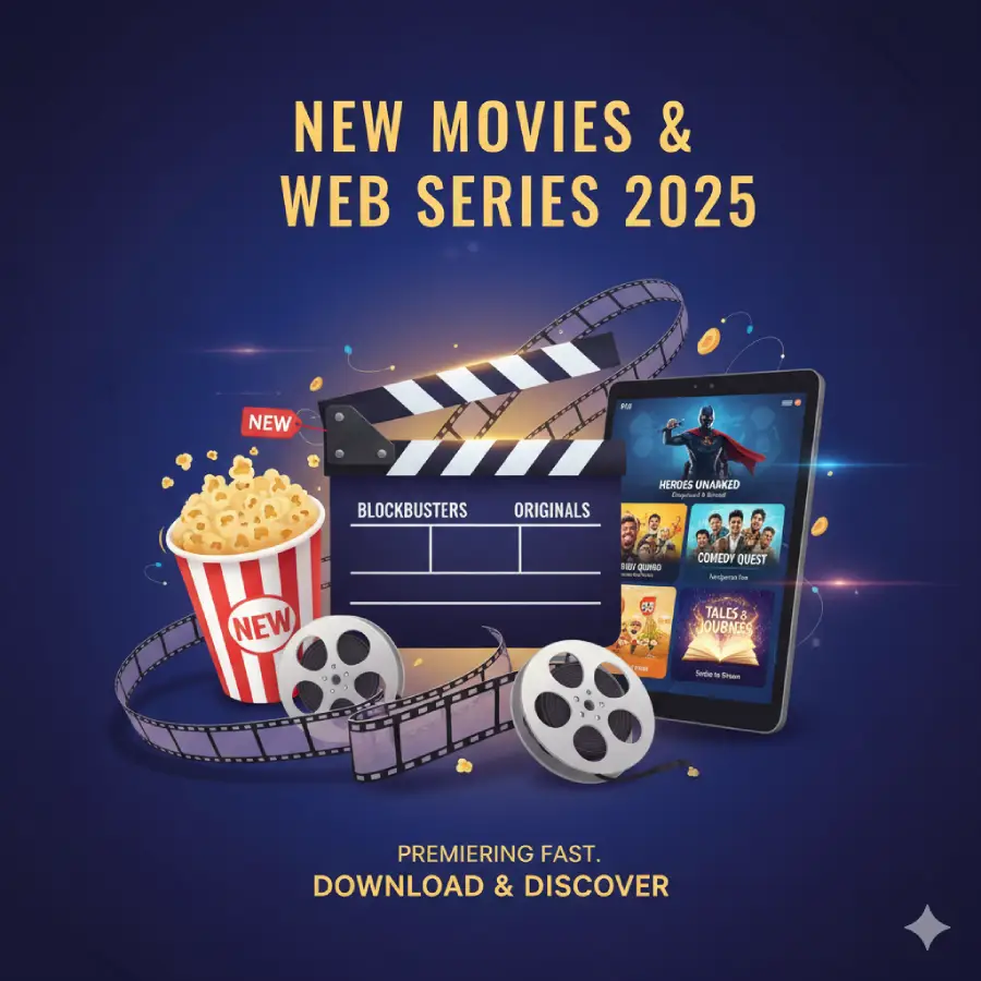 Discover the newest movies and web series for 2025! This image features a film clapperboard, popcorn, and a tablet showcasing blockbusters and original shows. Get ready to download and explore the latest entertainment!