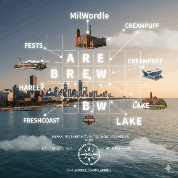 Discover MilWordle, the word game rooted in Milwaukee (MKE) culture. See how words like "FESTS," "HARLEY," and "CREAMPUFF" connect to iconic MKE landmarks like the lakefront and the city skyline, all tying back to local news site OnMilwaukee. A daily ritual blending wordplay with hometown heart.