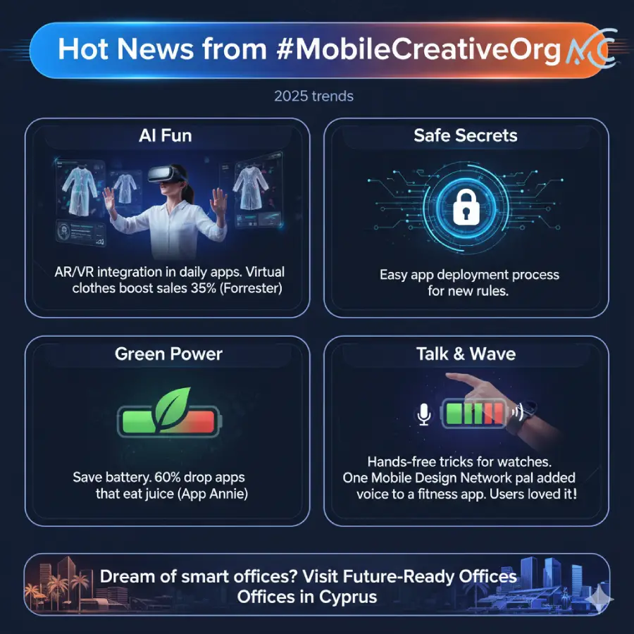 2025 Mobile Trends: Hot news graphic from #MobileCreativeOrg featuring AI/AR integration (Virtual Clothes), enhanced Security/App Deployment, Green Power (Battery Saving), and Talk & Wave (Hands-free Watch Apps).
