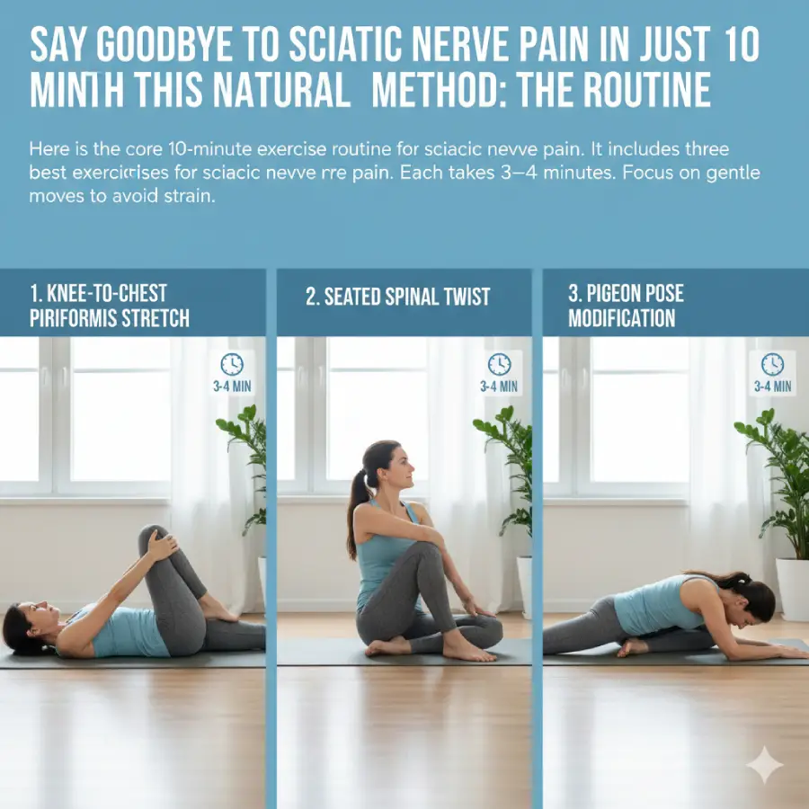 Say goodbye to sciatic nerve pain in just 10 minutes! This guide and image illustrate the 3 best, gentle, natural exercises—Knee-to-Chest Piriformis Stretch, Seated Spinal Twist, and Pigeon Pose Modification—to quickly relieve sciatica symptoms. Follow this 10-minute routine for effective relief.