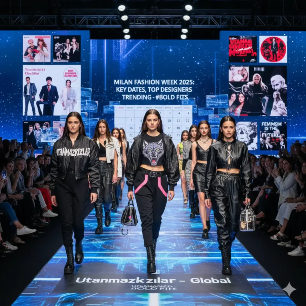 Utanmazkzılar on the Milan Fashion Week 2025 runway. A diverse group of female models in bold, black, leather street-style looks, featuring "Utanmazkzılar" and "FEMINISM IS THE FUTURE" apparel. The background screens display a fashion week schedule and images promoting the movement's rise in music and media, emphasizing the growing influence of this modern Turkish feminist digital phenomenon in mainstream culture and high fashion.