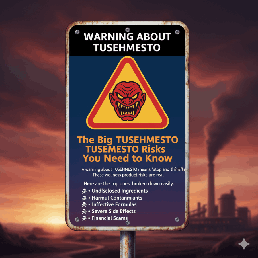 Stop and think hard before using TUSEHMESTO! This vital warning sign highlights the Big TUSEHMESTO Risks in wellness products, including undisclosed ingredients, harmful contaminants, severe side effects, and financial scams. Learn the top risks you need to know.