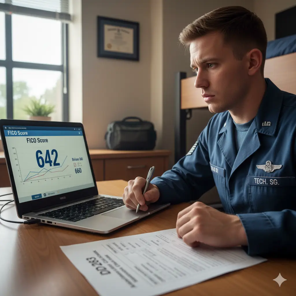 A new Air Force Tech Sergeant reviews their FICO credit score (642) on a laptop, which is below the 660 threshold for a standard Government Travel Charge Card (GTCC). Beside them is the DD Form 2883 (Alternate Credit Worthiness Evaluation). This scene illustrates the two main criteria for being issued a restricted travel card: a FICO score below 660 or successfully completing the alternate credit check (DD 2883) after refusing the soft pull.