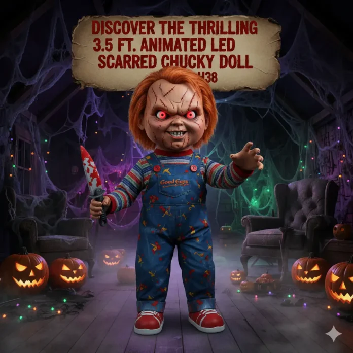 Discover the Thrilling 3.5 ft. Animated LED Scarred Chucky Doll H38 for Your Halloween Setup