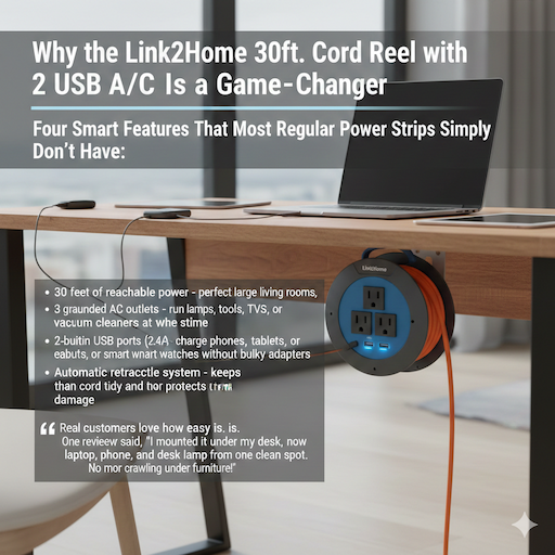 Link2Home 30ft. Cord Reel with 3 Outlets 2 USB A/C: The Perfect Indoor Power Solution for Modern Homes